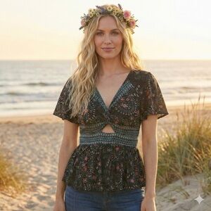 Unique Floral Peplum Top with Keyhole (black, red, blue)